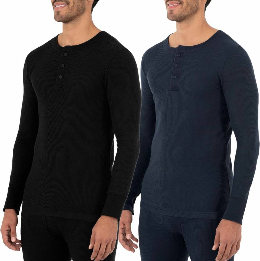 Fruit of the Loom Men's Recycled Thermal Henley Shirt - Eco-Friendly Waffle Knit Top