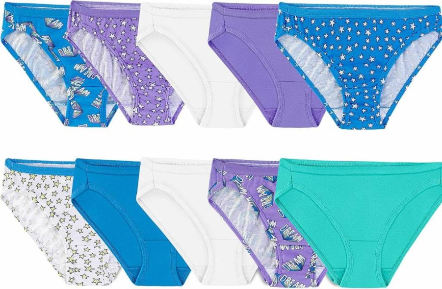 Fruit of the Loom Girls' Cotton Bikini Underwear Multipack - 10-Pack Assorted Colors & Sizes
