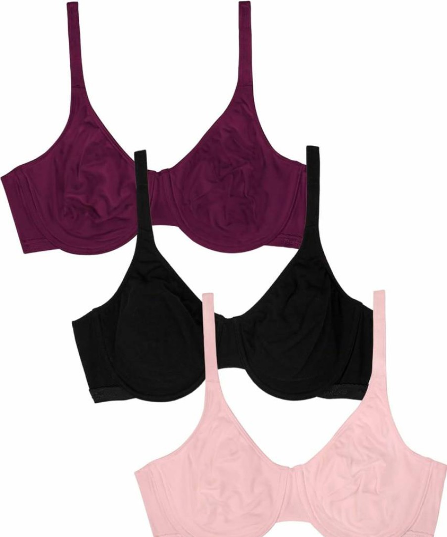 Fruit of the Loom Women's Cotton Spandex Unlined Underwire Bra - Comfortable Natural Shape, Purple Velvet, Blushing, Black, 36B, Wireless Support
