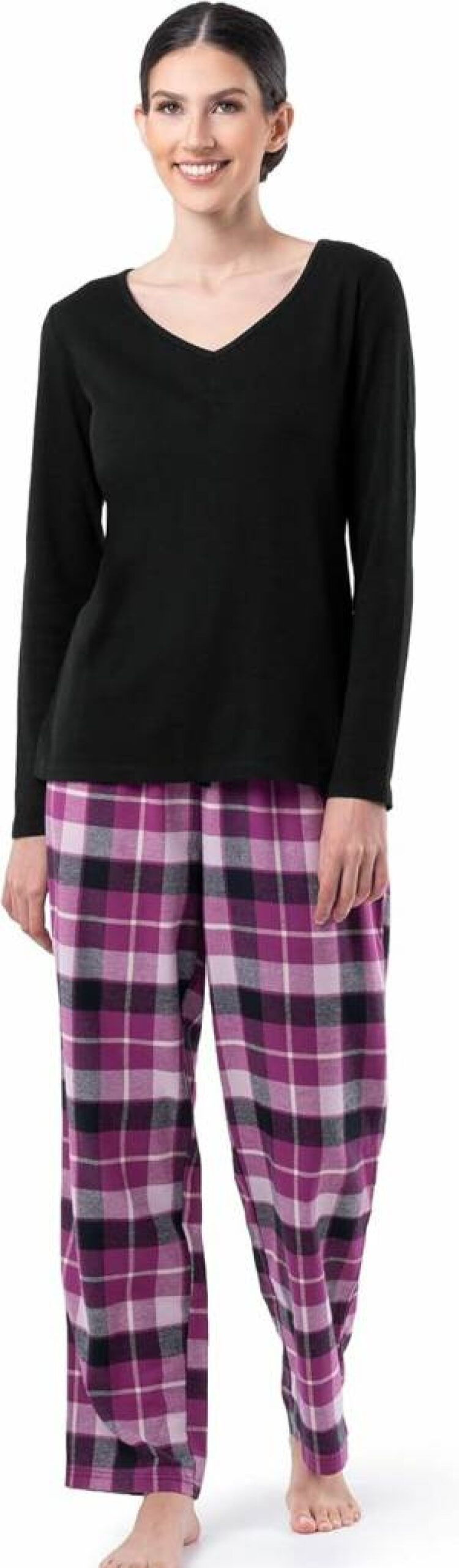 Fruit of the Loom Women's Soft Waffle-Knit V-Neck Sleep Shirt & Flannel Pajama Set