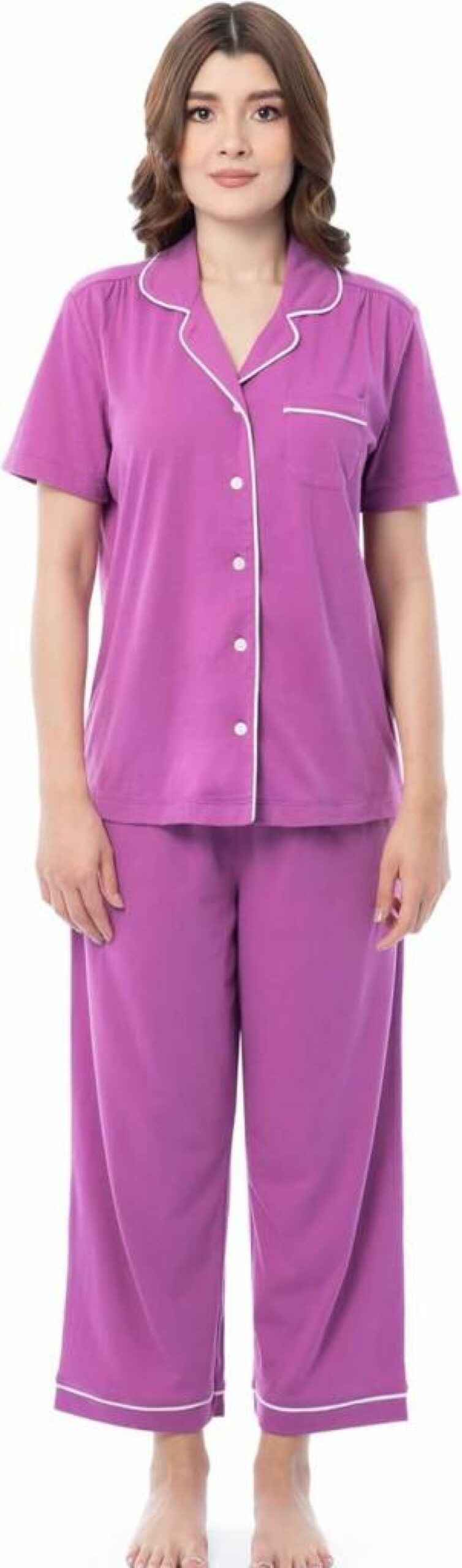 Fruit of the Loom Women's Comfortable Piped Button-Down Sleepwear Set - Cozy Pajama Top & Bottom