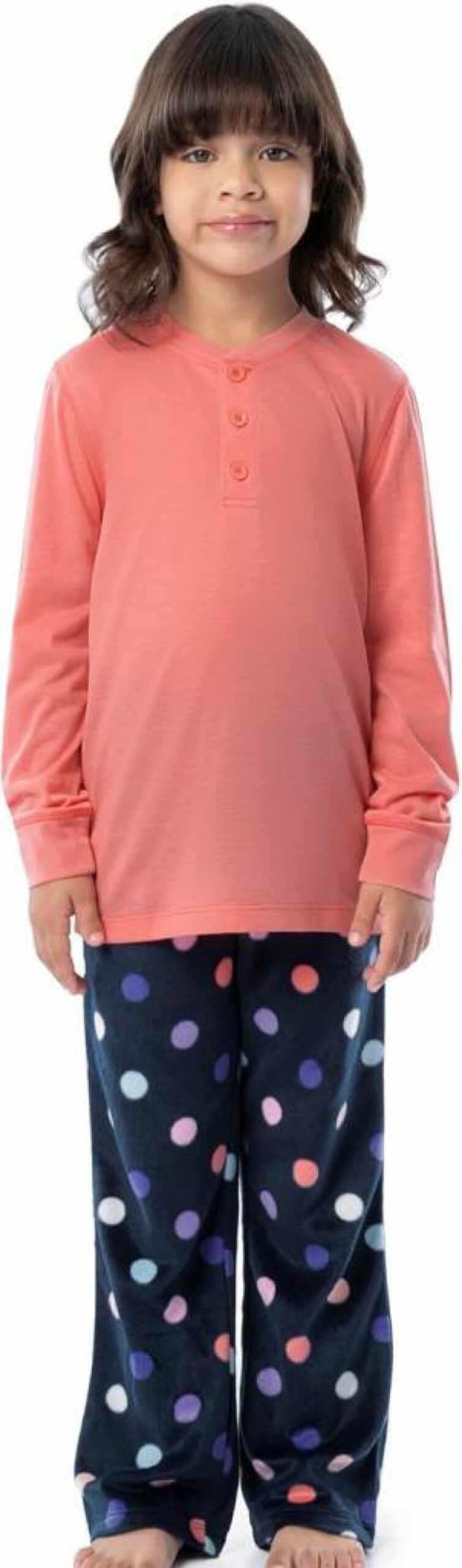 Fruit of the Loom Girls' Long Sleeve Cotton Henley Pajama Set with Fleece Pants for Comfortable Sleepwear