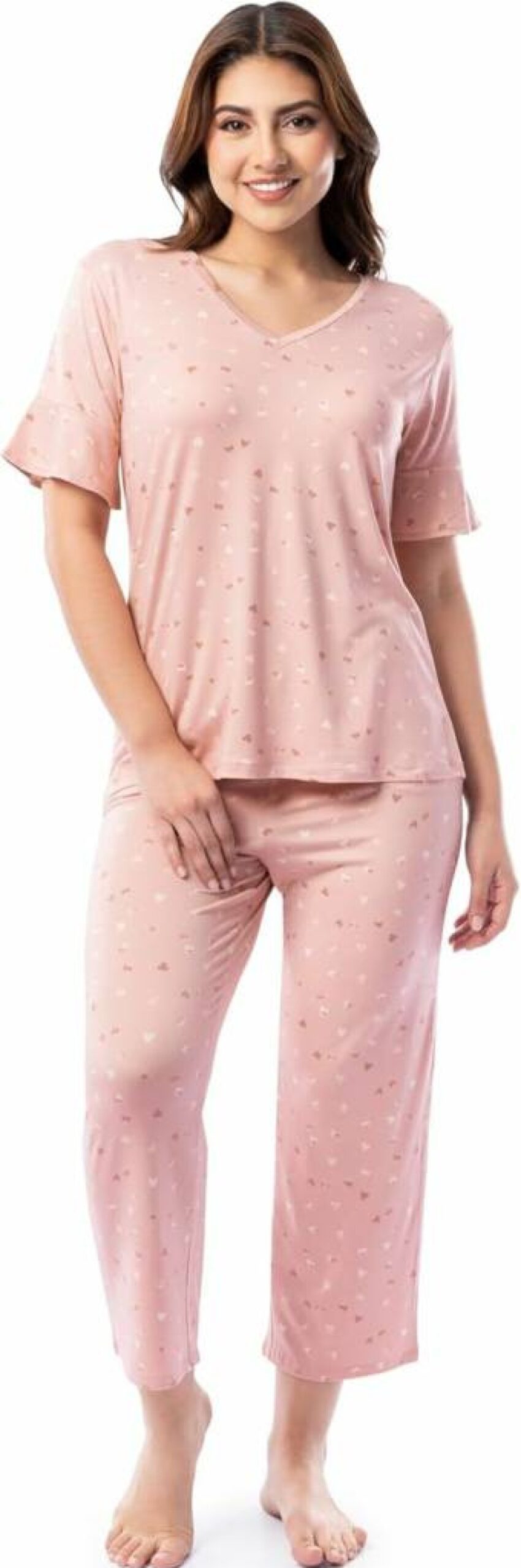 Fruit of the Loom Women's Stretch V-Neck Sleep Pajama Set with Ruffle Sleeves and Capri Pants