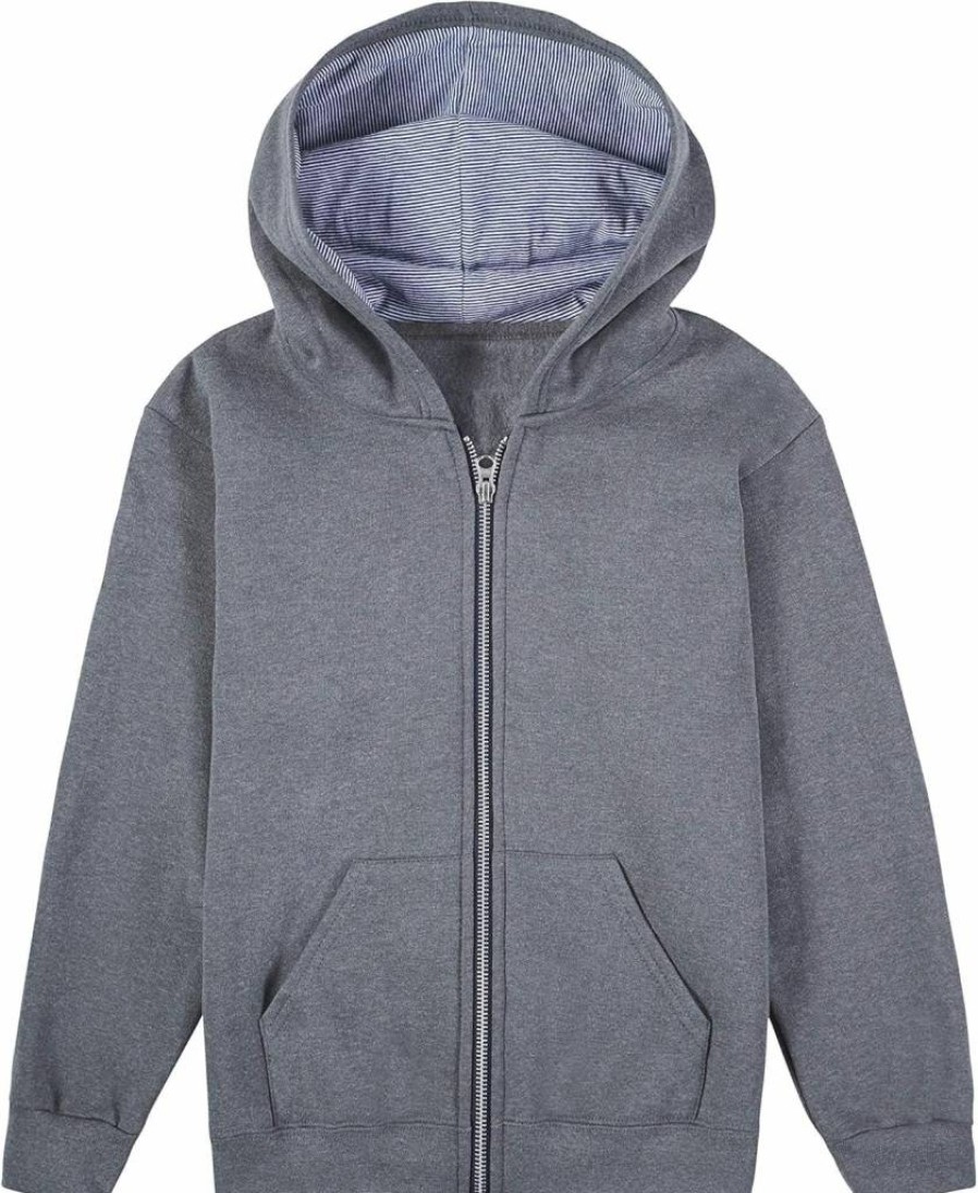 Fruit of the Loom Boys' Charcoal Heather & Navy Stripe Fleece Zip Hoodie - Small