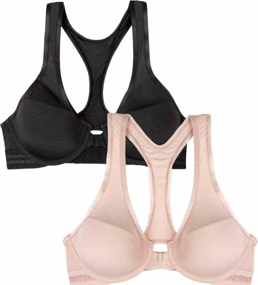 Fruit Of The Loom Women's 2-Pack Racerback Bras - Front & Back Closure, Comfortable & Supportive Sports Bras for Everyday Wear