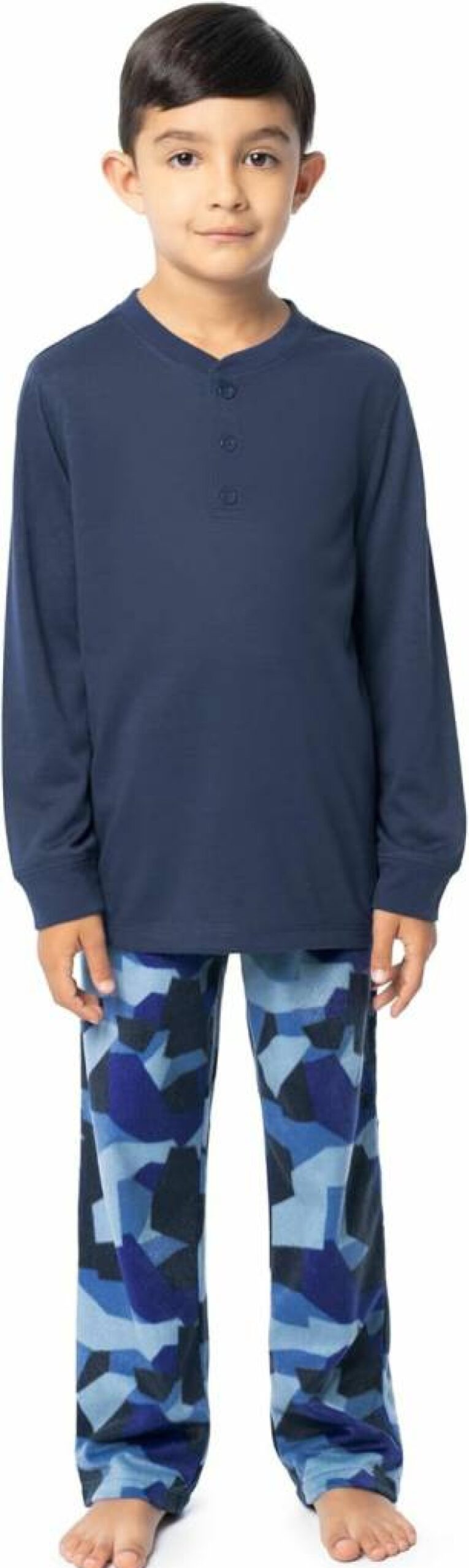 Fruit of the Loom Boys' Long Sleeve Henley Pajama Set with Fleece Pants - Comfortable Sleepwear for Kids