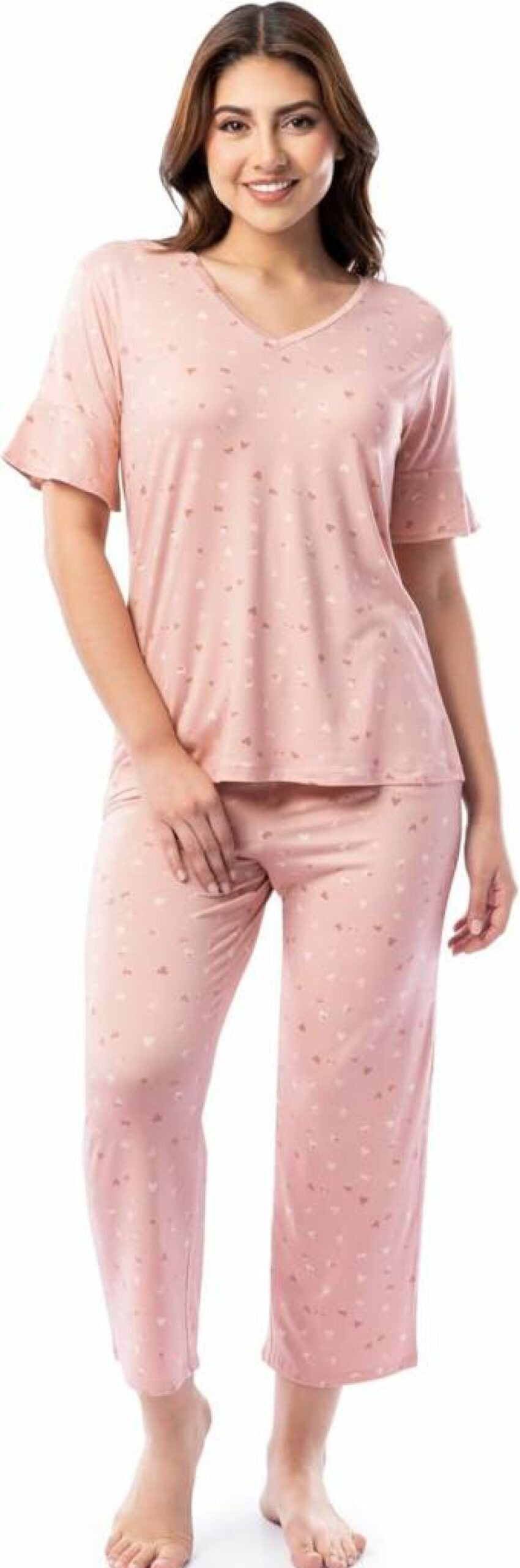 Fruit of the Loom Women's Stretch V-Neck Sleep Pajama Set with Ruffle Sleeves & Capri Pants